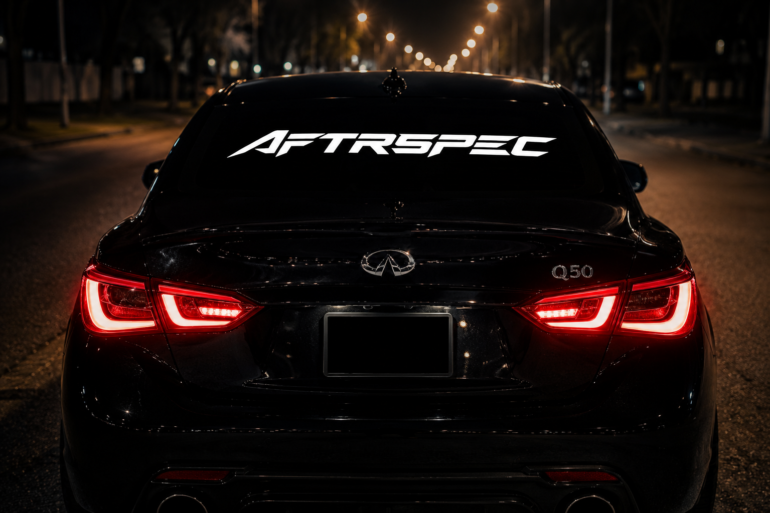 AFTRSPEC windshield banner installed on an Infiniti Q50
